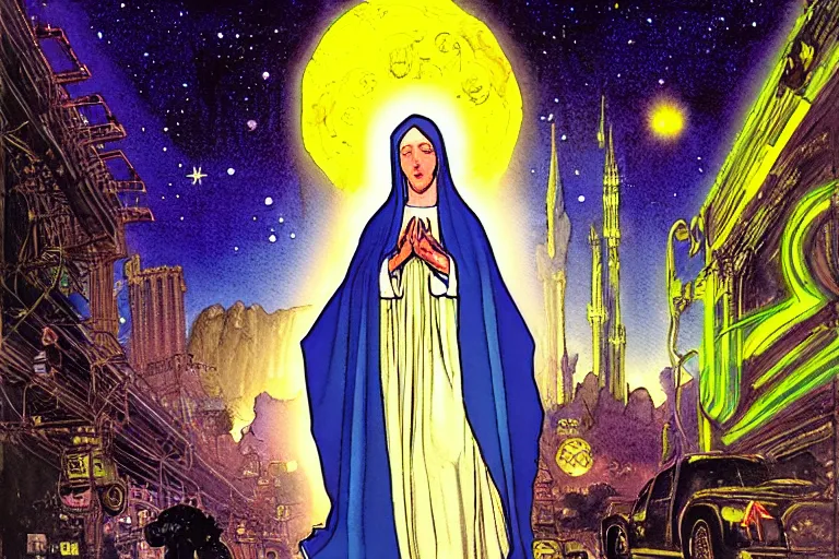 Image similar to a hyperrealist watercolour character concept art portrait of the blessed virgin mary protecting the city from an alien invasion on well lit starry night in las vegas, nevada. neon lights. there is a man in black. by rebecca guay, michael kaluta, charles vess and jean moebius giraud