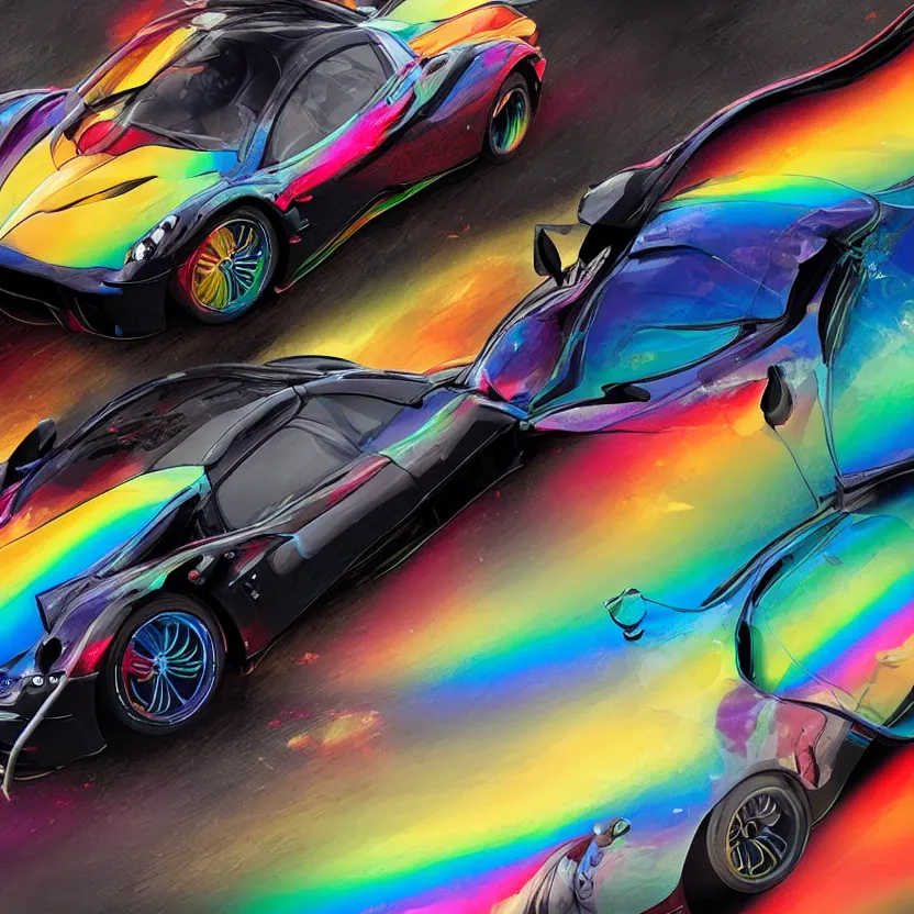 Image similar to close - up of an iridescent rainbow pagani huayra on fire after a big crash, 8 k, highly detailed, realistic, award winning, look at all that detail!