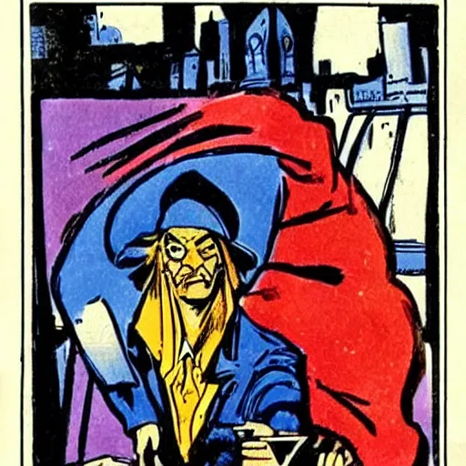 Image similar to the tarot card of the magician painted by will eisner.