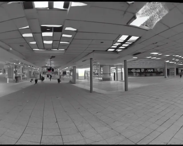 Image similar to camera footage of an abandoned shopping mall overtaken by spiders, high exposure, dark, monochrome, camera, grainy, CCTV, security camera footage, timestamp, zoomed in, fish-eye lense, spiders, webs