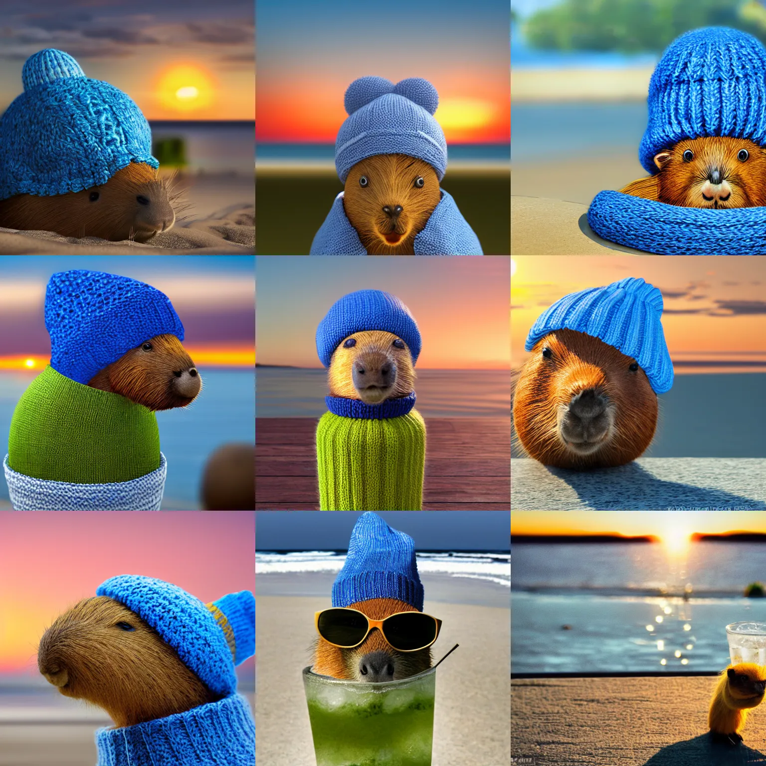 Prompt: a photorealistic photograph of a knitted cute Capybara wearing sunglasses and dressed in a blue colored beanie cap. The subject is enjoying a refreshing Mojito drink at the beach during sunset. The image is Trending on Artstation, featured on Behance, well-rendered, fine detail, extra crisp image, Unreal Engine, 4K HD