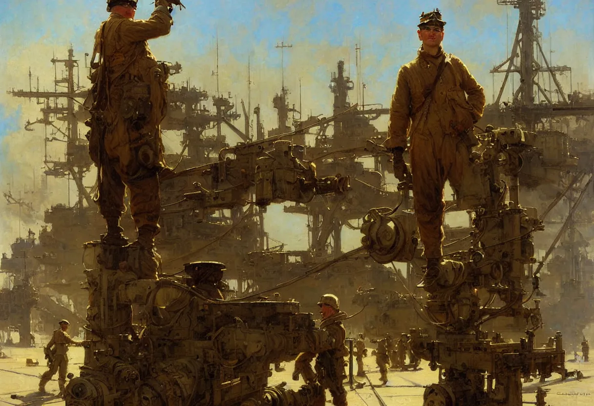 Image similar to us soldier in shipyard dieselpunk painting by gaston bussiere, craig mullins, j. c. leyendecker
