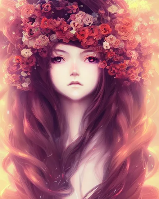 Prompt: anime portrait, intricate, ornate flowers, mystical flowing hair, elegant, digital painting, artstation, concept art by artgerm and wlop