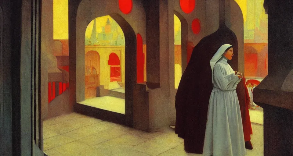 Prompt: portrait of a nun outside of the red light discrict, glowing with silver light, color by Franz Marc, highly detailed architecture by Jean-Léon Gérôme, by Winsor McCay, today's featured photograph, 16K