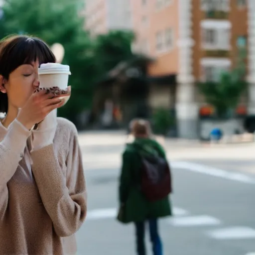 Prompt: film still of a woman drinking coffe, walking to work, long shot, wide shot, full shot