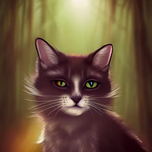 Image similar to portrait of a cat in a forest, by kawacy, sunlight, trending on pixiv, bokeh, furry art, anime, dramatic lighting, digital art