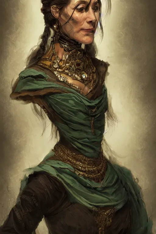 Prompt: portrait, headshot, digital painting, of a 17th century, beautiful, middle aged, middle eastern, wrinkles, decadent, cyborg merchant woman, dark hair, amber jewels, baroque, ornate dark green techwear clothing, scifi, futuristic, realistic, hyperdetailed, concept art, chiaroscuro, side lighting, art by waterhouse