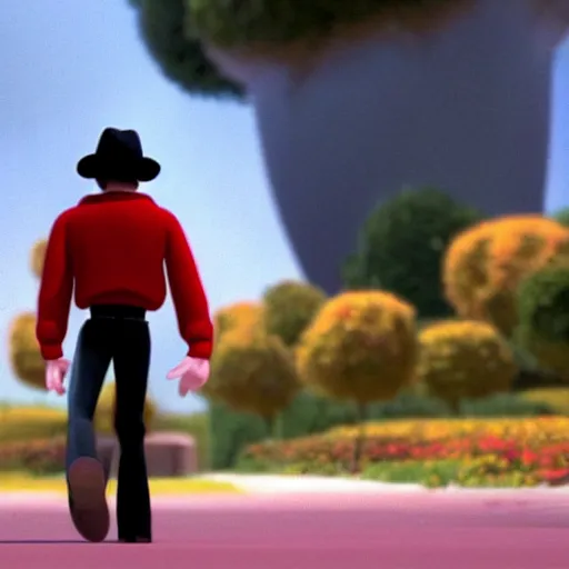 Image similar to a cinematic film still from a 2005 Pixar movie about Michael Jackson, in the style of Pixar, shallow depth of focus