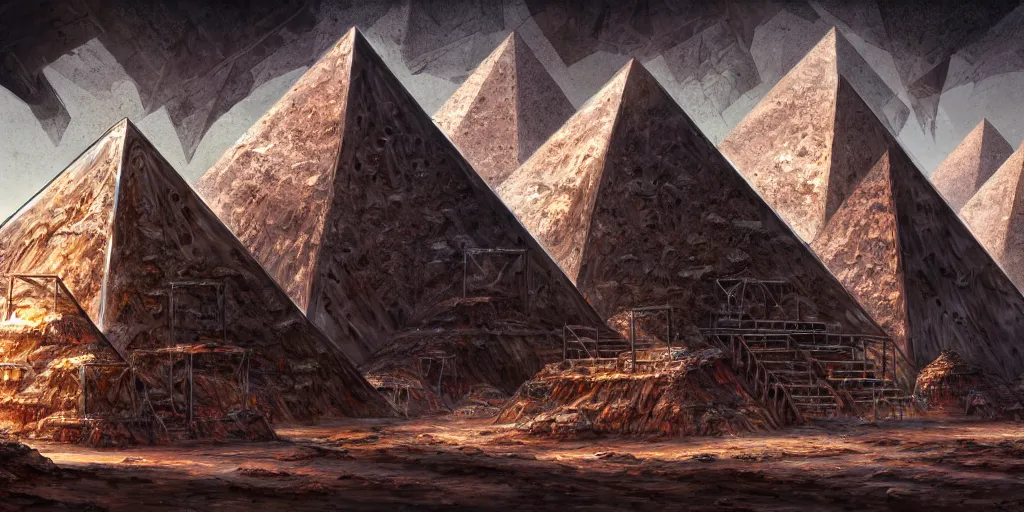 Image similar to a chrome pyramid inside a rusted cave mouth in the salt dunes, plants, ancient world, matte oil painting, merchant tents, canyons, science fantasy, rpg, epic, extremely detailed, sharp focus, 4 k