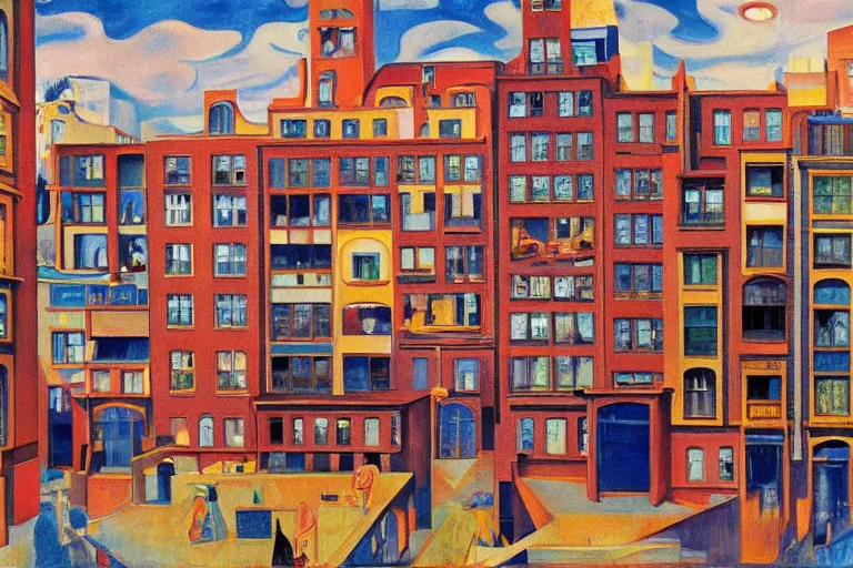 Image similar to unique shops, apartment towers, and cute townhouses along a city street, oil painting by edvard munch, mc escher, stanislaw beksinski, makoto shinkai, jim woodring, aldemir martins, nicholas roerich