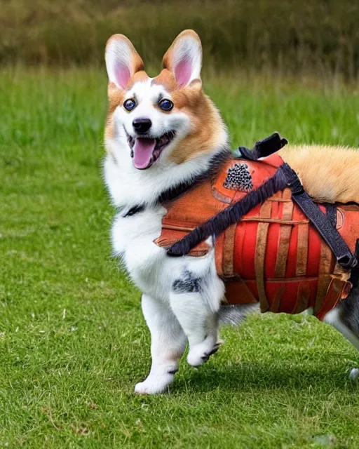 Image similar to warrior corgi dog with a sword strapped to its back, runs off to do battle with the english, the corgi has a large blue face mark on its face, hyperreal, filmed in the style of john toll