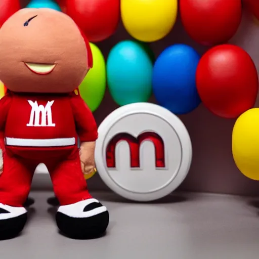 Prompt: eminem as the red m character standing on a floor coverd with m & m candies, m & m candy dispenser!!!, round red m & m figure, m & m mascot, m & m figure, m & m plush, unreal engine, studio lighting, figurine, unreal engine, volumetric lighting, artstation, cosplay, by hans bellmer