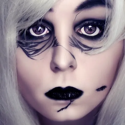 Prompt: modeling photograph kerli koiv, blonde, beautiful, dark, mysterious, bubble goth, detailed face