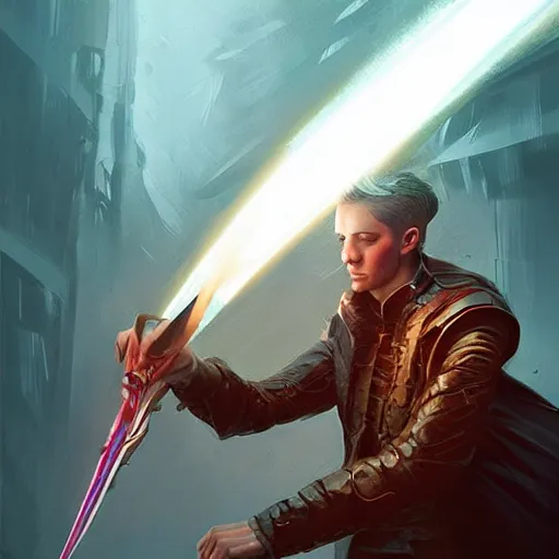 Prompt: A sorcerer wielding a futuristic weapon, digital illustration portrait, gorgeous lighting, wide angle action dynamic portrait, perspective shot, art by Sam Spratt-H 640