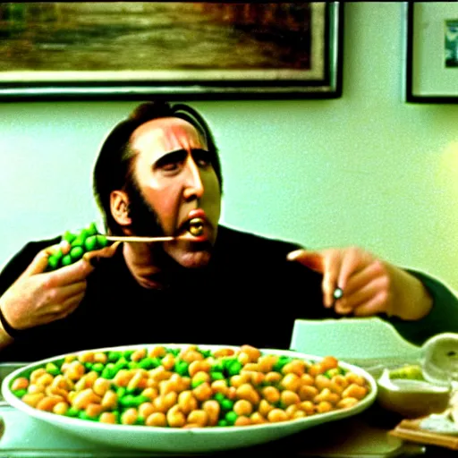 Image similar to nicolas cage drowning mouth full of peas, movie still, the wicker man