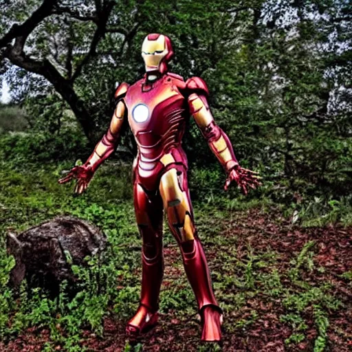 Prompt: rusty Iron Man suit being reclaimed by nature