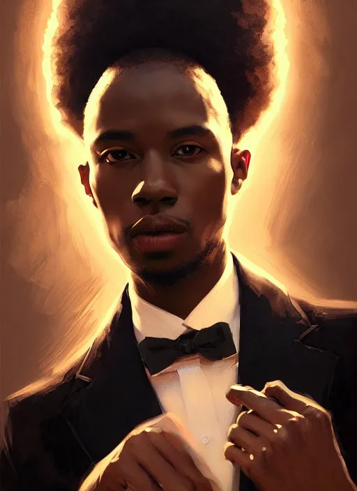Prompt: portrait of handsome black genius in tailored suit brainstorming, afro - futurist style, intricate baroque detial, elegant, glowing lights, highly detailed, digital painting, artstation, concept art, smooth, sharp focus, illustration, art by wlop, mars ravelo and greg rutkowski