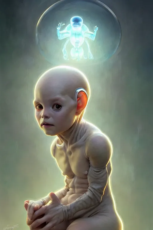 Image similar to clear portrait of a baby alien, cottagecore!!, background hyper detailed, character concept, full body, dynamic pose, intricate, elegant, highly detailed, digital painting, artstation, concept art, smooth, sharp focus, illustration, art by artgerm and greg rutkowski and alphonse mucha