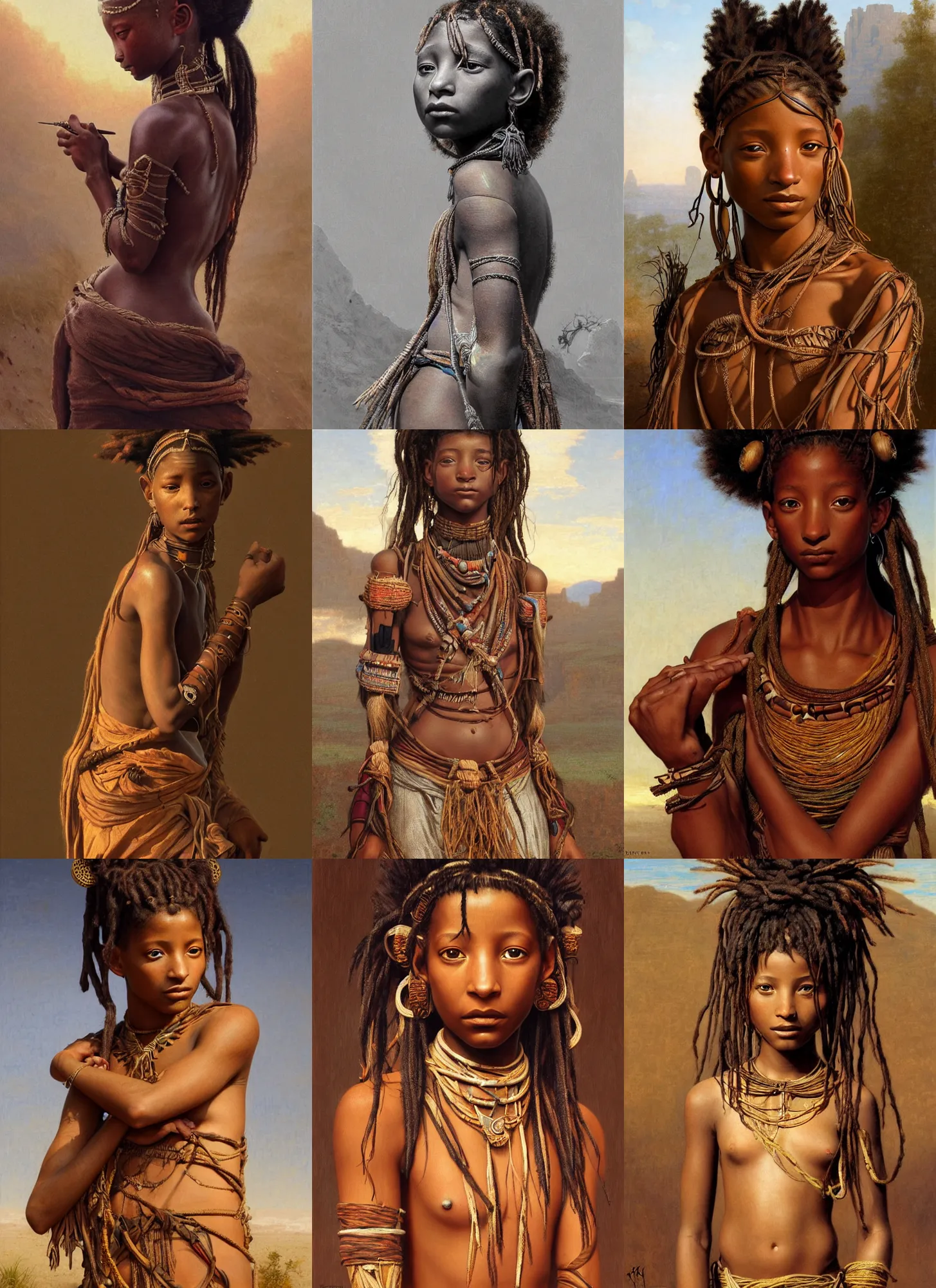 Prompt: willow smith as himba girl, intricate, elegant, highly detailed, digital painting, artstation, concept art, smooth, sharp focus, illustration, orientalism, edwin long, bouguereau, rutkowski