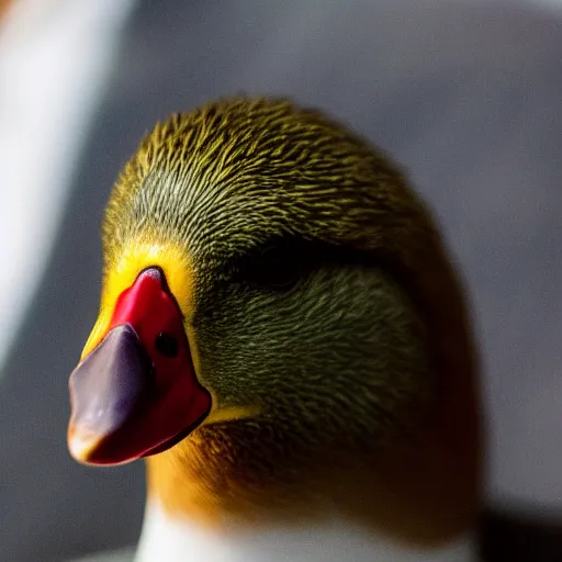 Image similar to A high detail closeup shot of a duck wearing a suit