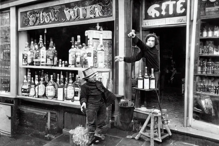 Prompt: peter dinklage robbing a liqour store, in the style of eugene atget and peter witkin