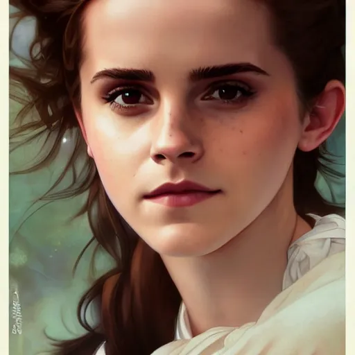 Image similar to emma watson, 8 k, depth of field, 3 d, art by artgerm and greg rutkowski and alphonse mucha and uang guangjian and gil elvgren and sachin ten