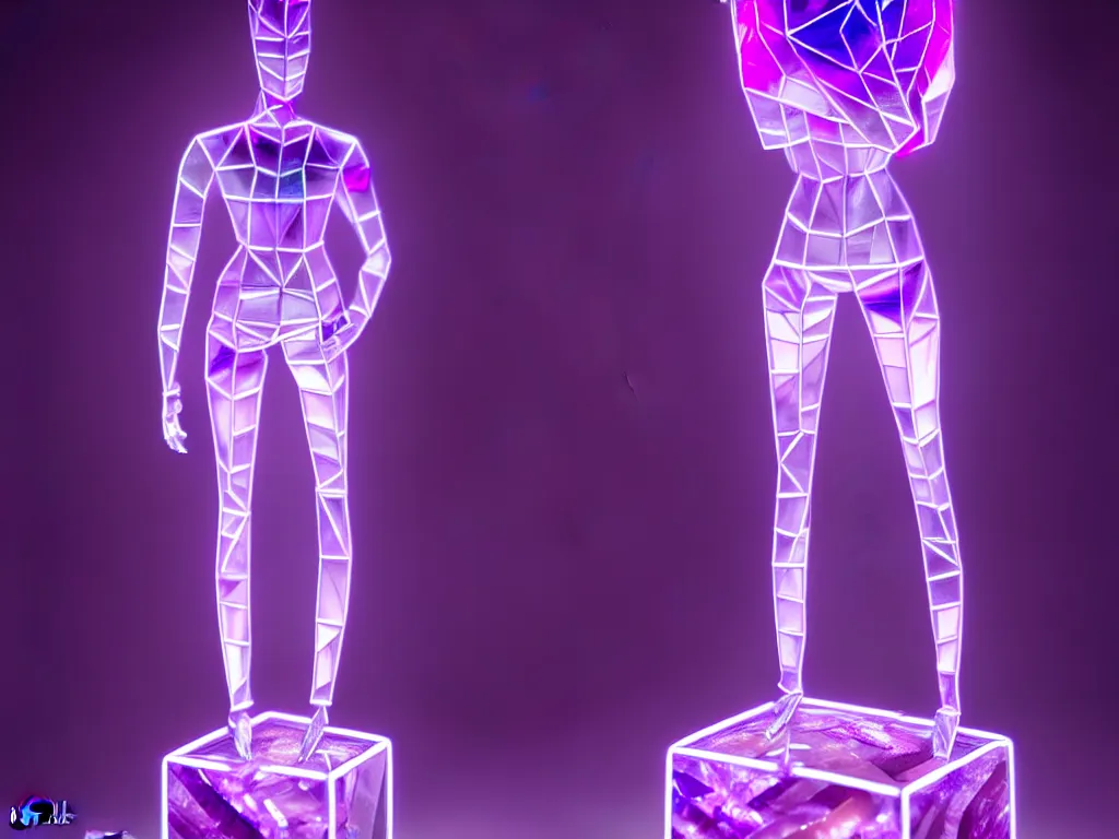 Image similar to beautiful mannequin sculpted out of amethyst by billelis + lit with purple 3 d geometric neon + chrome geometric cubed bonsai plants!!!!, doorway opening with neon pink geometric light, clean linework, dramatic, finely detailed, rule of thirds, moody, confident, award winning, 4 k, trending on artstation, photorealistic, volumetric lighting, octane render