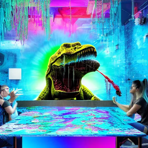 Prompt: t - rex drinking a giant ipa, intricate complexity, inverted rainbow drip paint, psychedelic glitch art, trending on art station, photoreal, 8 k, octane render