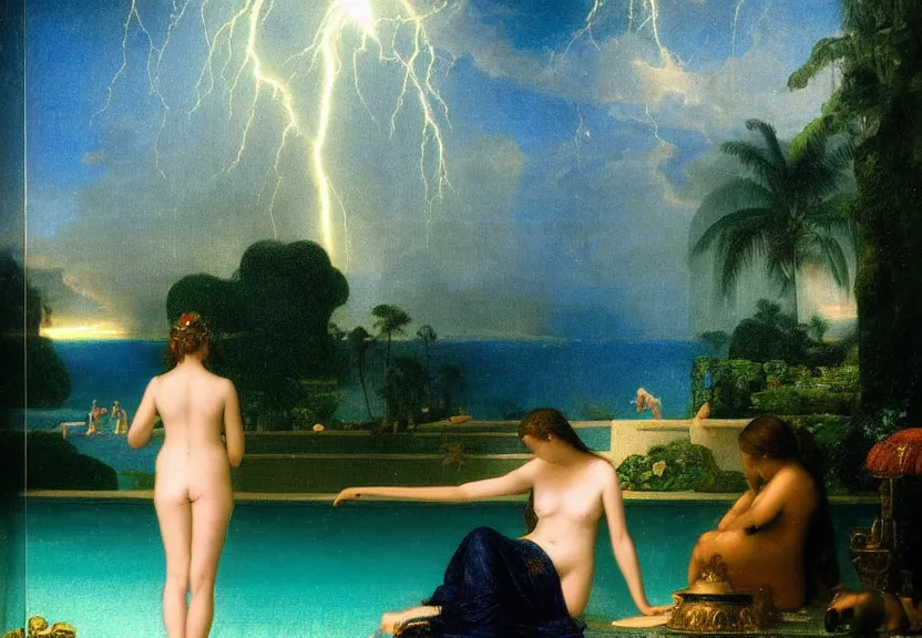 Image similar to Girl at the palace, refracted sparkles, thunderstorm, greek pool, beach and Tropical vegetation on the background major arcana sky, by paul delaroche, hyperrealistic 4k uhd, award-winning, very very very detailed