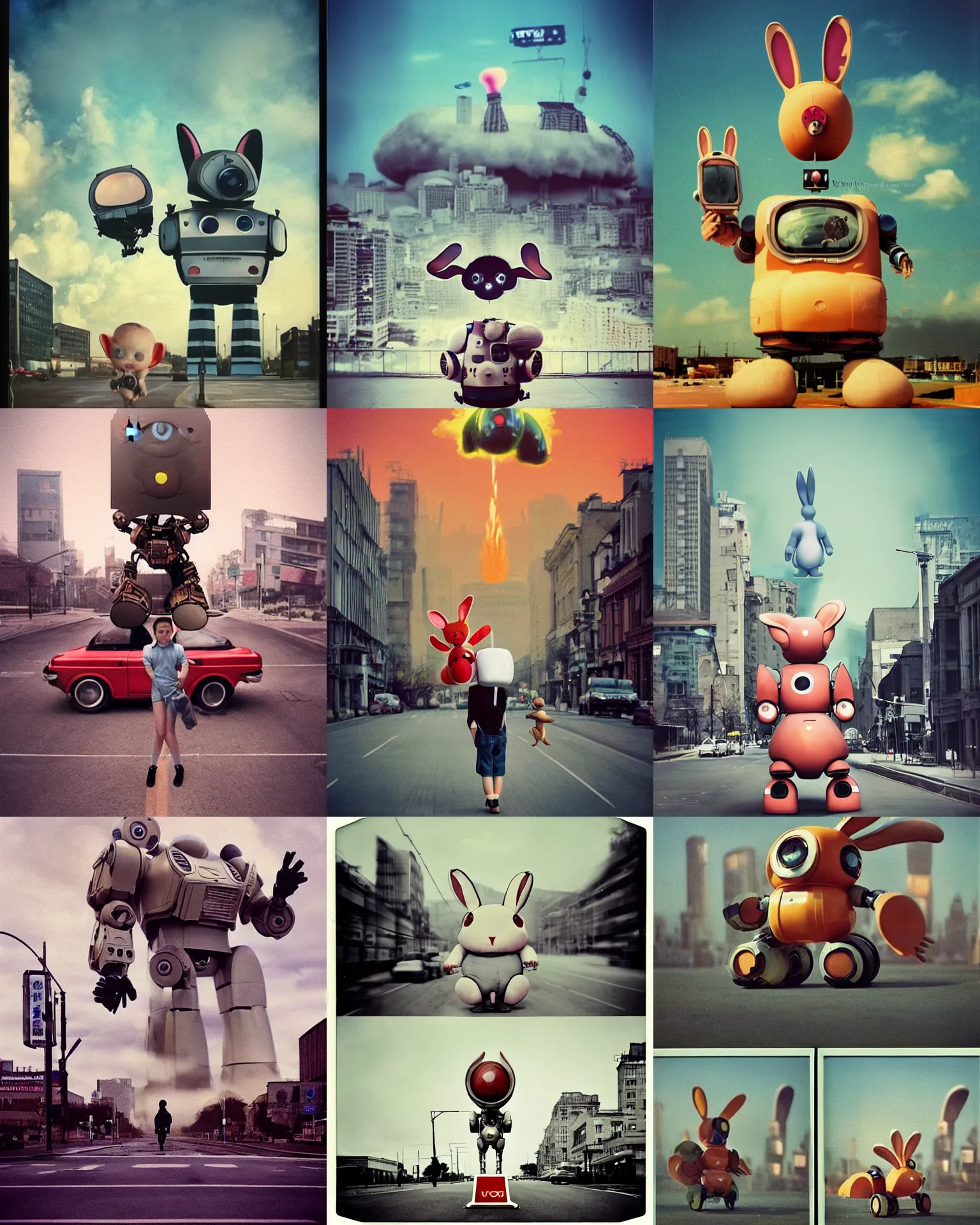 Prompt: epic pose!!! googly eyed giant oversized battle rabbit robot chubby mech baby sport car double decker with giant oversized ears and rabbit babies , on nuclear explosion in city background , full body , Cinematic focus, Polaroid photo, vintage , neutral dull colors, soft lights, foggy , by oleg oprisco , by national archives, by discovery channel, by victor enrich , by gregory crewdson