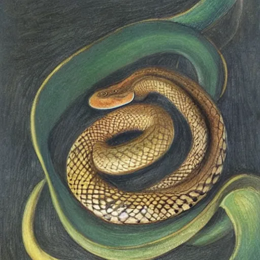 Image similar to A beautiful drawing of a snake eating its own tail that seems to go on forever. 2000s by Nora Heysen colorful, amorphous