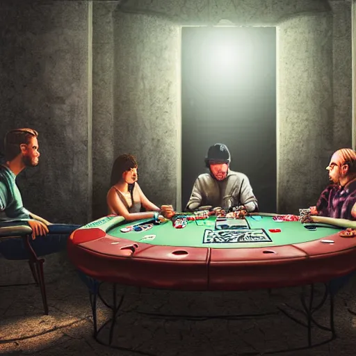 Prompt: A group of people playing poker at a poker table in the middle of an abandoned building, big room, with vines and plants growing out of cracks, broken walls and ceiling with natural light shining through, the light shows dust in the air, digital art, award winning art, 8k
