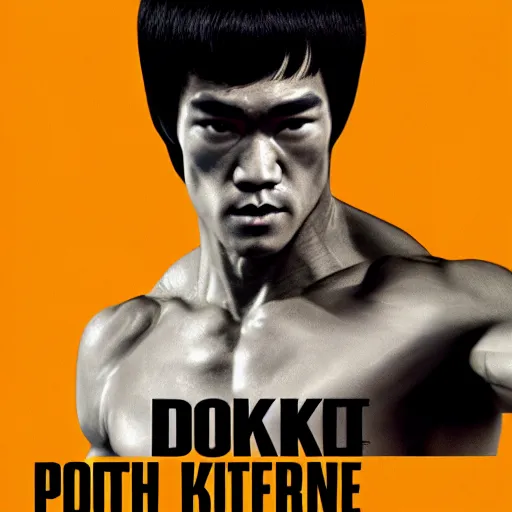 Prompt: kodak portra 4 0 0 photp of portrait of bruce lee, think different poster, highly detailed, symmetry, octane render