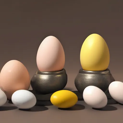 Image similar to high quality octane render of Easter eggs, pastel colors, golden and onyx accents, a set of buck teeth dentures sitting next to the eggs, 3d blender, corona render, digital art