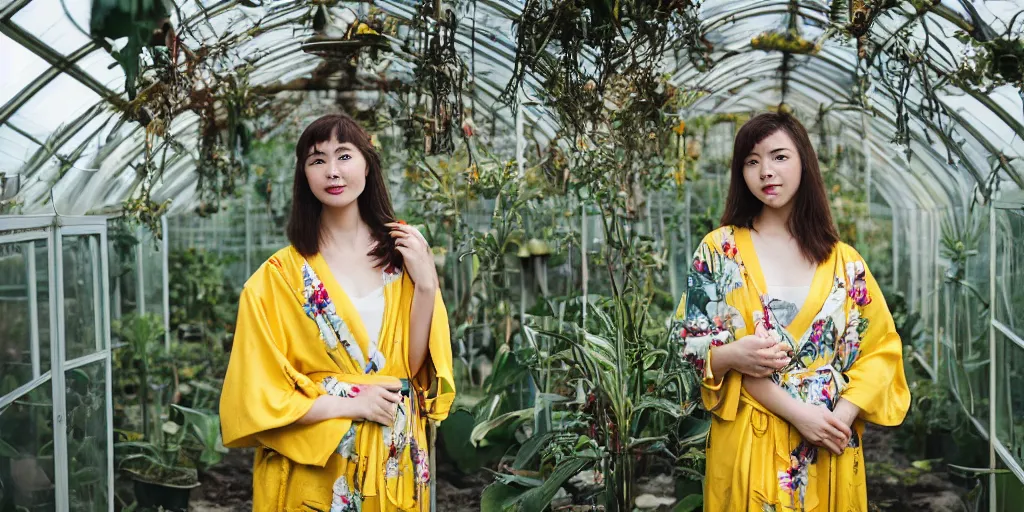 Image similar to A medium format head and shoulders portrait of a young woman wearing a yellow kimono in a greenhouse, she has a very detailed barn owl on her shoulder, graflex, bokeh