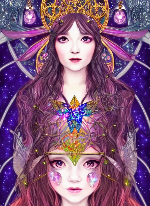 Image similar to fantastic portrait of a beautiftul witch pray with some shinny star, cloak, royally decorated crystal gemstones, symmetrical face, art nouveau, portrait, cute, fairy, by mai yoneyama, detailed background, artstation, intricate, elegant, highly detailed, colorful, maximalist