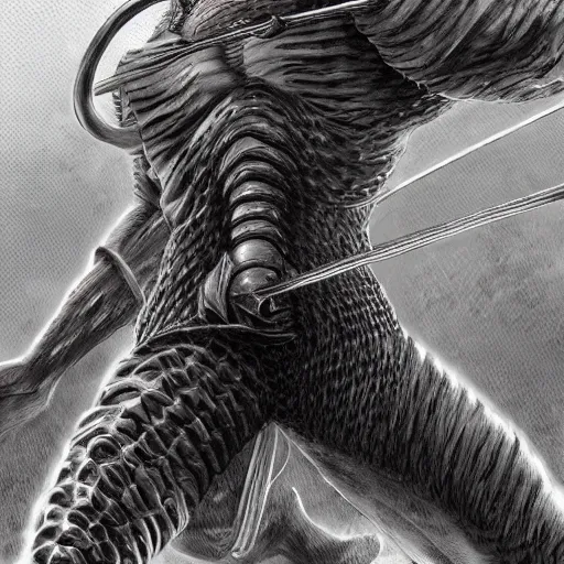 Prompt: low angle shot of a guts from berserk by kentaro miura, intricate, elegant, highly detailed, centered, digital painting, artstation, concept art, smooth, sharp focus, illustration, WLOP, kentaro miura style,