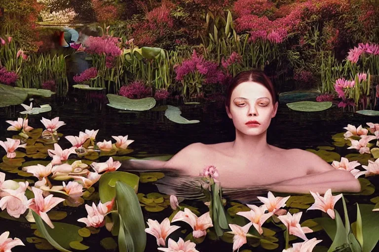 Image similar to hyperrealistic cinematic photograph of a woman's face floating in a pond, surrounded by a forrest of lillies, deep focus, intricate, elegant, highly detailed, matte, sharp focus, photography by bill henson and gregory crewdson and james jean