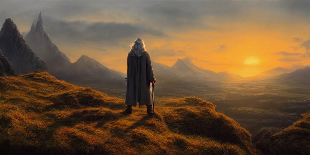 Prompt: Gandalf the Grey Wizard distant atop a highland peak at sunset by Alan Lee, concept art, detailed terrain, oil painting, 4K, art station