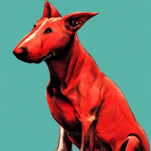 Prompt: drawing of a bull terrier puppy with a red mohawk, style of greg rutkowski, in - frame