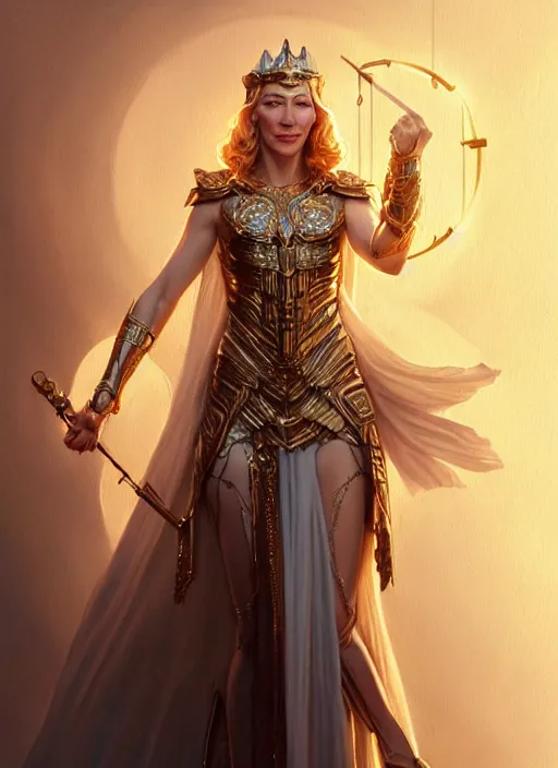 Image similar to cate blanchett as goddess athena, intricate, elegant, glowing lights, highly detailed, digital painting, artstation, glamor pose, concept art, smooth, sharp focus, illustration, art by artgerm and greg rutkowski, artey freytag