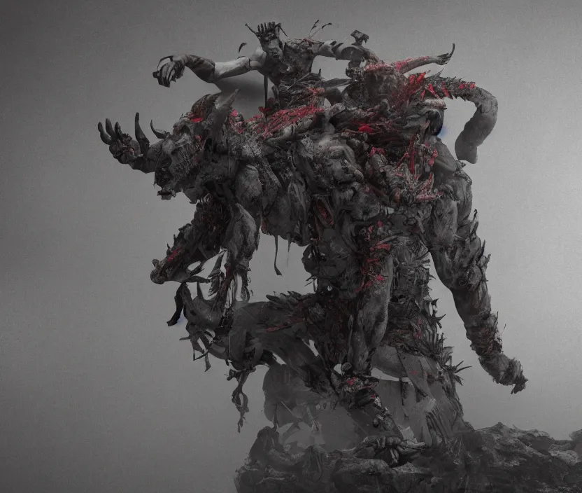 Image similar to samurai standing on a bunch of bodies with 6 arms , gloomy and foggy atmosphere, octane render, artstation trending, horror scene, highly detailded