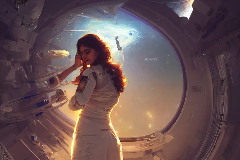 Image similar to Sensual beautiful female Aryan young Indian doctors wearing Deus Ex Human Revolution clothing in a space station above Earth, portrait, elegant, intricate, digital painting, artstation, concept art, smooth, sharp focus, illustration, art by artgerm and greg rutkowski and alphonse mucha