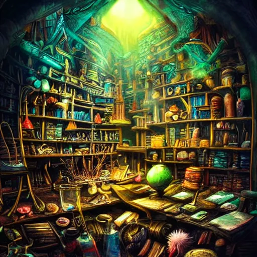 Prompt: these monsters are consumed by fire, yet they remain unharmed. they are surrounded by the tools of the alchemist's trade - beakers and test tubes full of colorful liquids, crystals, and books of ancient knowledge. the scene is suffused with an eerie glow, as if something magical is happening here. dramatic lighting epic glows eerily beautiful photograph