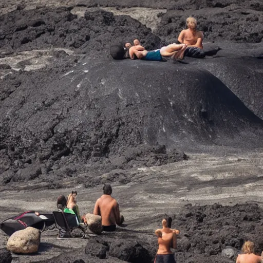 Image similar to people sunbathing on a volcano, lava, magma, smoke, steam, smoldering rocks