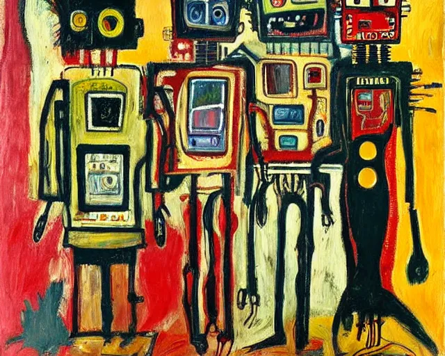 Prompt: a painting of a robot family portrait by graham sutherland, egon schiele, basquiat, expressionism