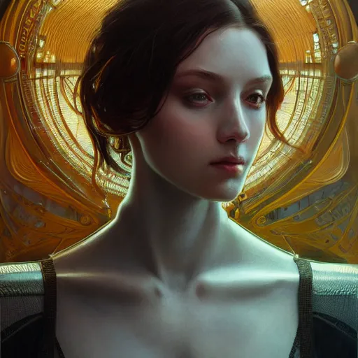 Prompt: a portait of anthropomorphic artificial intelligence, female, machine, intricate, highly detailed, digital painting, artstation, concept art, smooth, sharp focus, illustration, unreal engine 5, 8 k, art by artgerm and greg rutkowski and alphonse mucha
