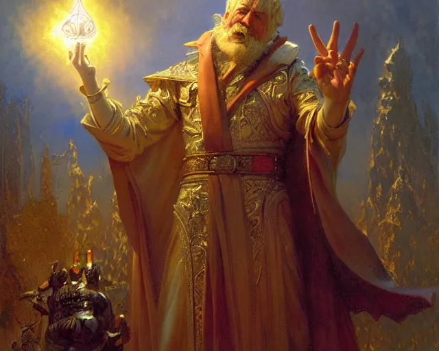 Image similar to ornate wizard man, casting light magic, summoning a noble deity. highly detailed painting by gaston bussiere, craig mullins, j. c. leyendecker 8 k