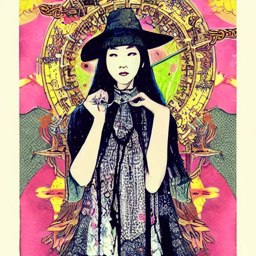 Prompt: korean women's fashion machine witch tarot card, intricate watercolor solarpunk portrait by tim doyle