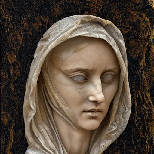 Image similar to a masterpiece marble sculpture of the veiled hooded virgin, subsurface cracks, !dramatic !face, !female, covered in intricate !detailed golden !!streaked veil , physically based rendering, ultra photo realistic, cinematic lighting , dark background by Dan Hillier